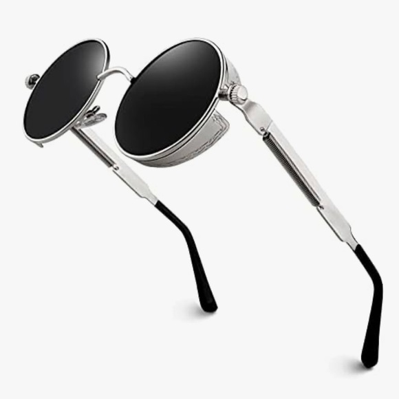 Retro Round Steampunk Silver Metallic Sunglasses UV400 Men & Women Bikercore - Picture 7 of 15